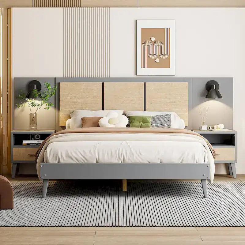 Letto a piattaforma in legno massiccio matrimoniale con comodini e lampade da testiera integrati