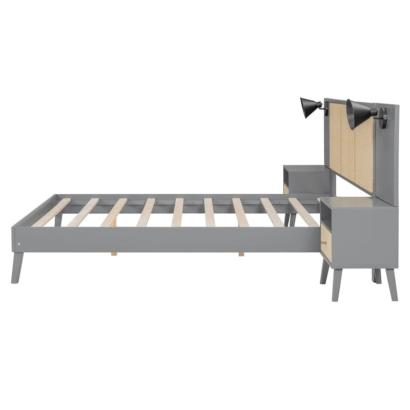Letto a piattaforma in legno massiccio matrimoniale con comodini e lampade da testiera integrati