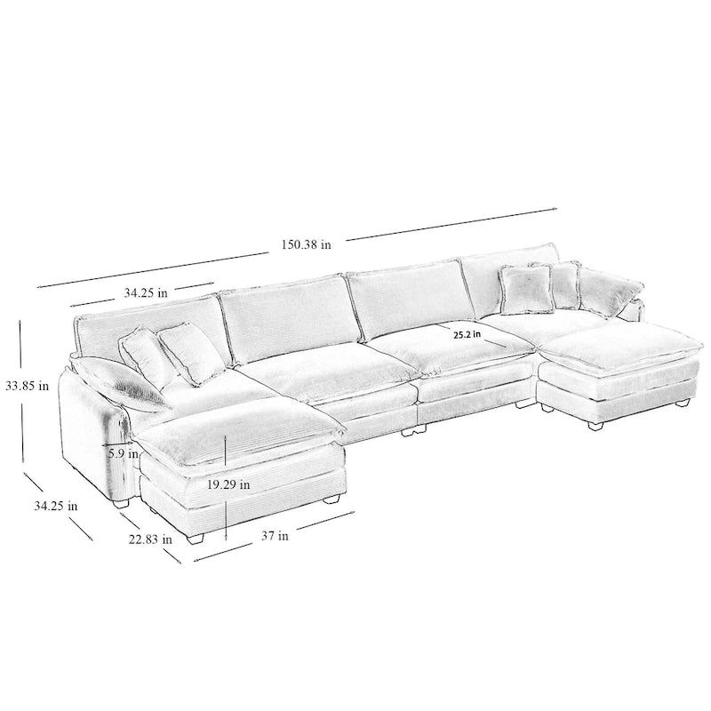 Divano sezionale modulare a U in velluto a coste oversize da 6 pezzi con pouf