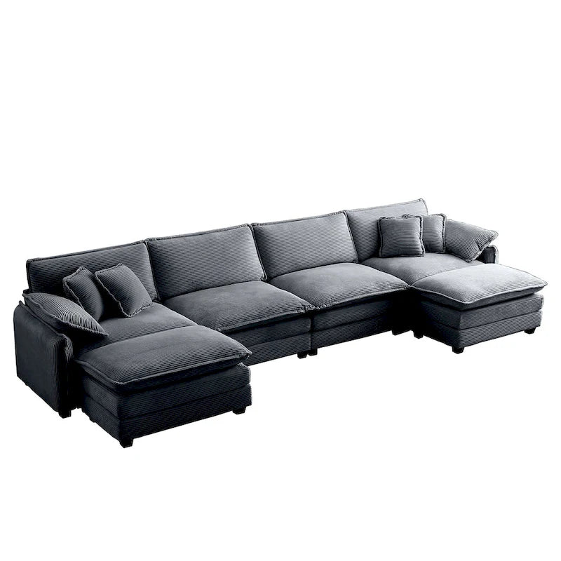 Divano sezionale modulare a U in velluto a coste oversize da 6 pezzi con pouf