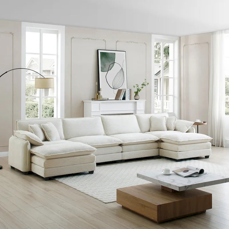 Divano sezionale modulare a U in velluto a coste oversize da 6 pezzi con pouf