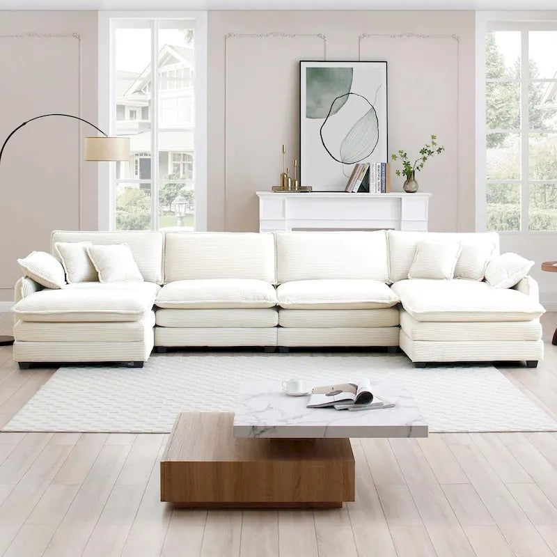 Divano sezionale modulare a U in velluto a coste oversize da 6 pezzi con pouf