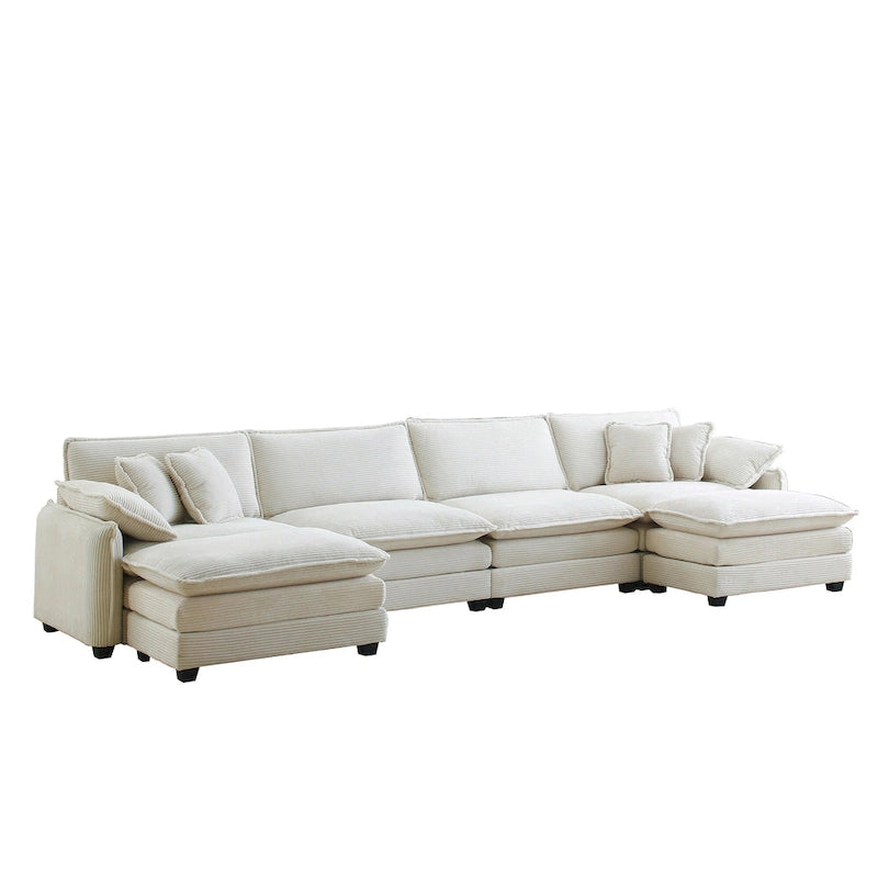 Divano sezionale modulare a U in velluto a coste oversize da 6 pezzi con pouf