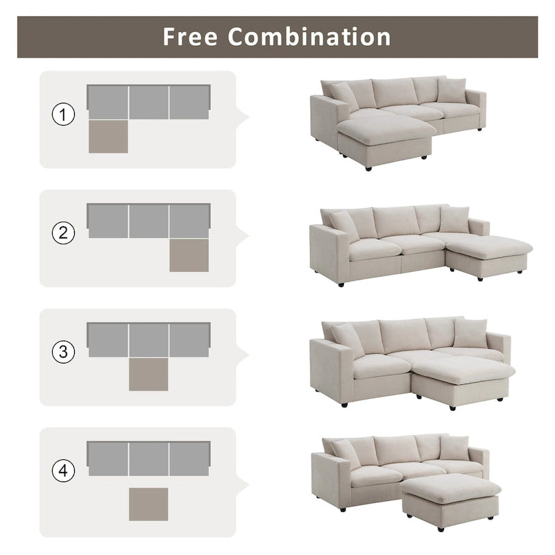 Canapé d'angle en polyester en forme de L de 255 cm avec canapé convertible 4 places, pouf et coussins à ressorts ensachés (capacité de 136 kg)