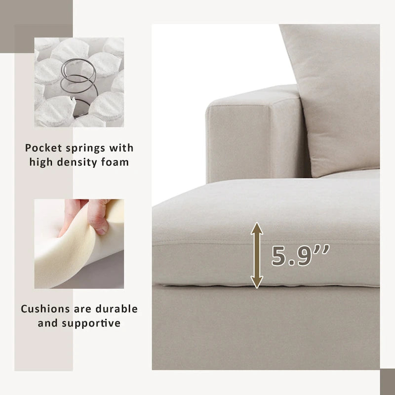 Canapé d'angle en polyester en forme de L de 255 cm avec canapé convertible 4 places, pouf et coussins à ressorts ensachés (capacité de 136 kg)