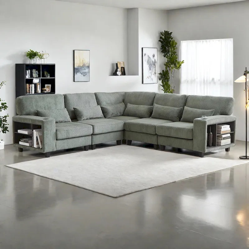 102.75 Canapé sectionnel modulable en velours côtelé en forme de L avec rangement et porte-gobelet