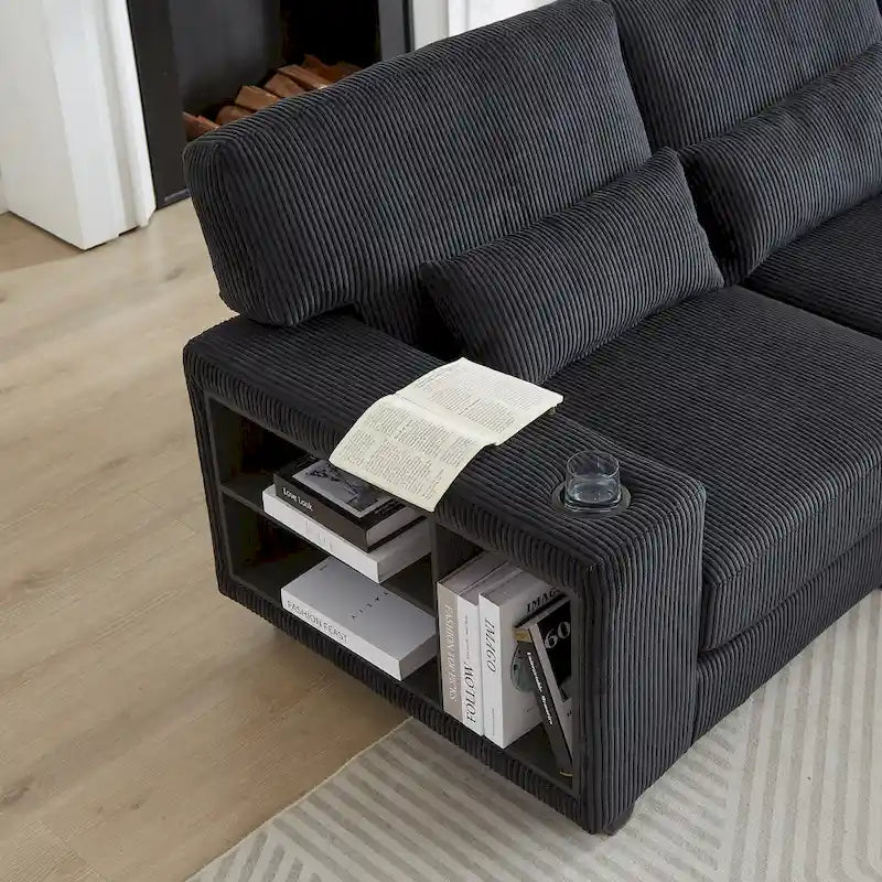 102.75 Canapé sectionnel modulable en velours côtelé en forme de L avec rangement et porte-gobelet