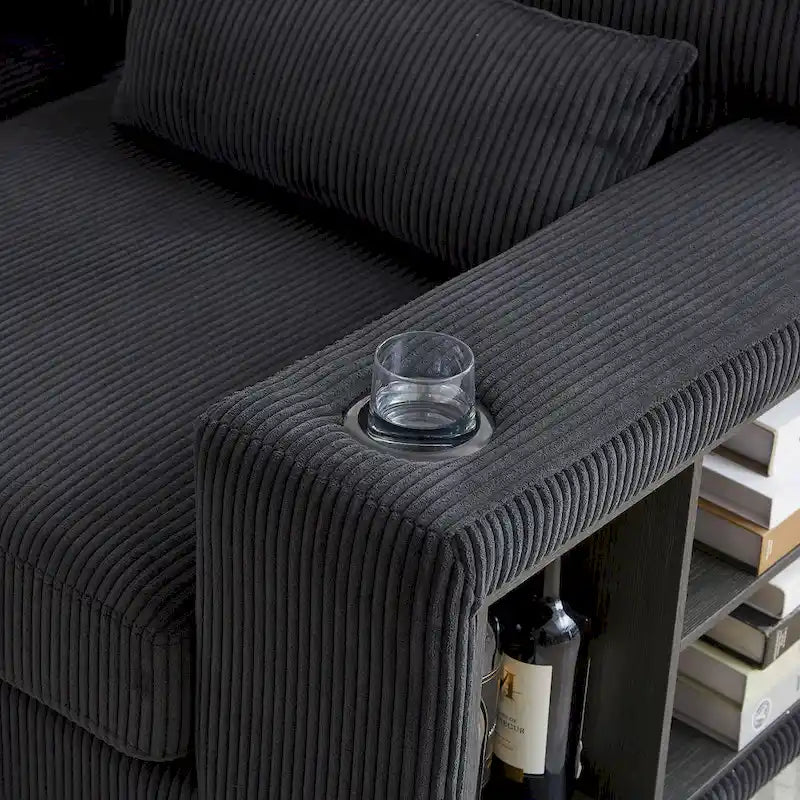 102.75 Canapé sectionnel modulable en velours côtelé en forme de L avec rangement et porte-gobelet