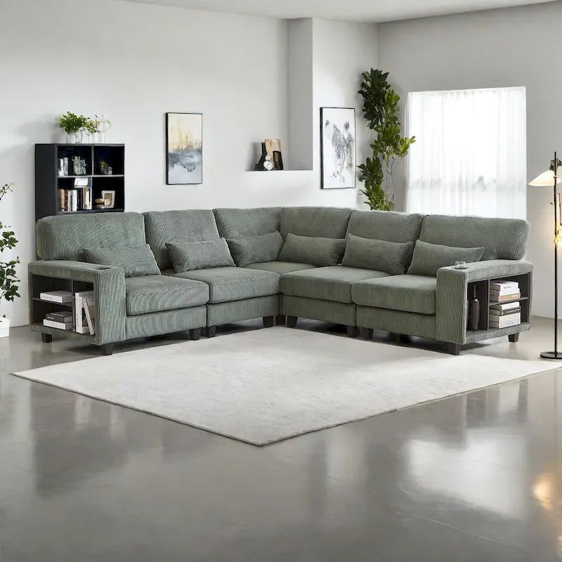 102.75 Canapé sectionnel modulable en velours côtelé en forme de L avec rangement et porte-gobelet