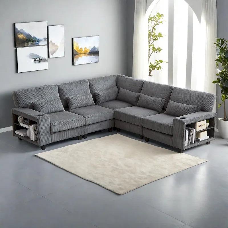 102.75 Canapé sectionnel modulable en velours côtelé en forme de L avec rangement et porte-gobelet