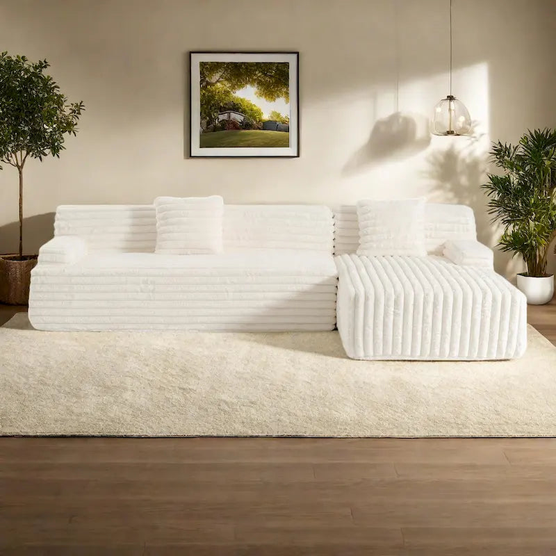 Divano componibile a L con penisola, 3 posti, modello "Faux Fur Cloud 110", con due cuscini decorativi inclusi
