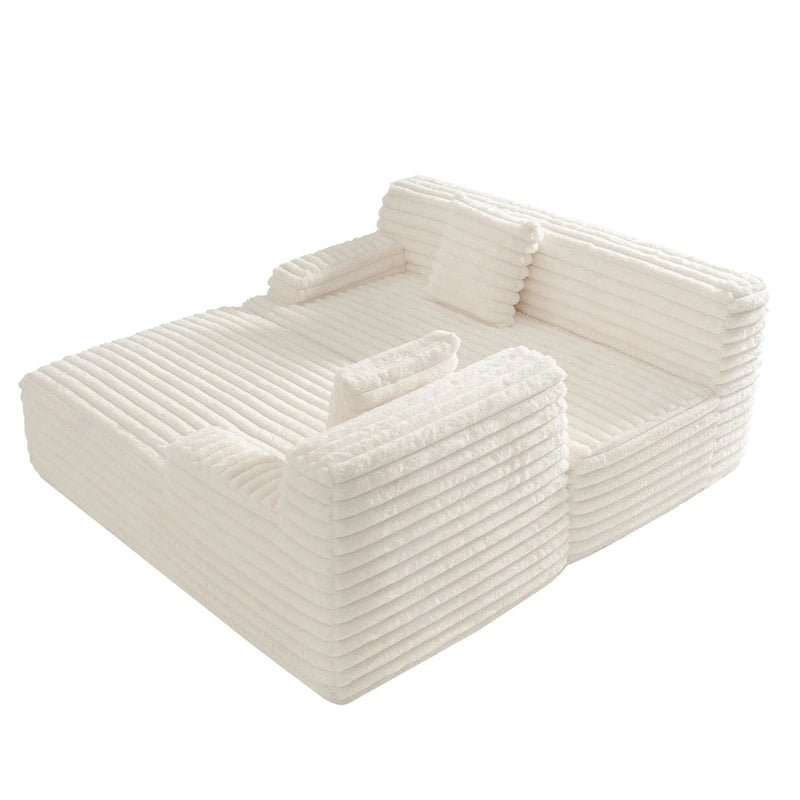 Divano componibile a L con penisola, 3 posti, modello "Faux Fur Cloud 110", con due cuscini decorativi inclusi