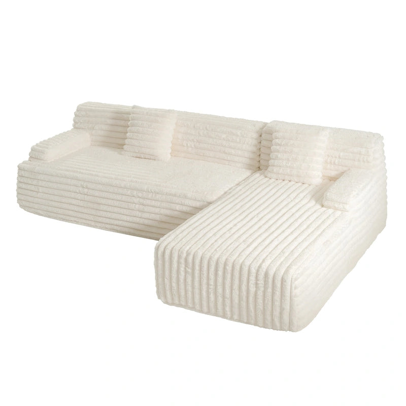 Divano componibile a L con penisola, 3 posti, modello "Faux Fur Cloud 110", con due cuscini decorativi inclusi