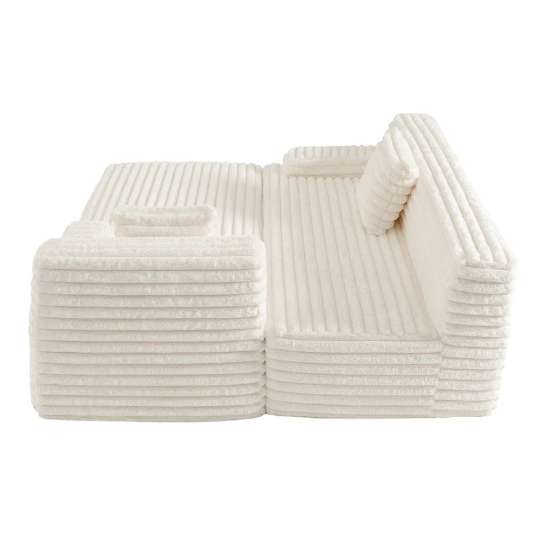 Divano componibile a L con penisola, 3 posti, modello "Faux Fur Cloud 110", con due cuscini decorativi inclusi