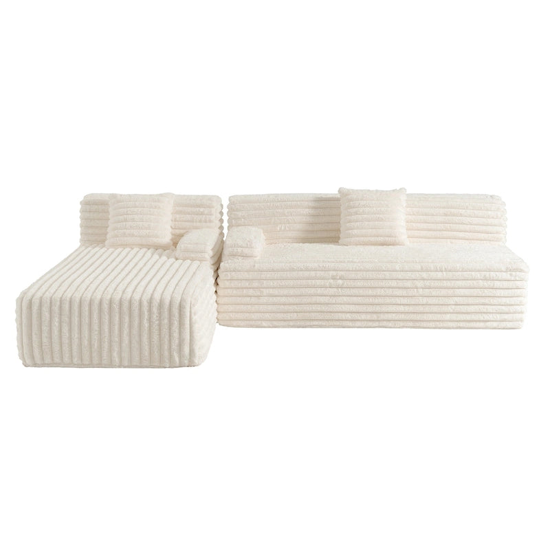 Divano componibile a L con penisola, 3 posti, modello "Faux Fur Cloud 110", con due cuscini decorativi inclusi