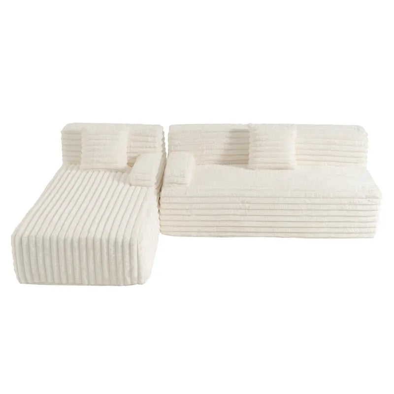 Divano componibile a L con penisola, 3 posti, modello "Faux Fur Cloud 110", con due cuscini decorativi inclusi