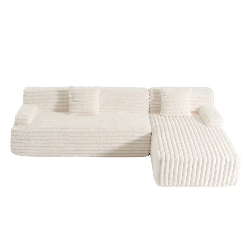 Divano componibile a L con penisola, 3 posti, modello "Faux Fur Cloud 110", con due cuscini decorativi inclusi