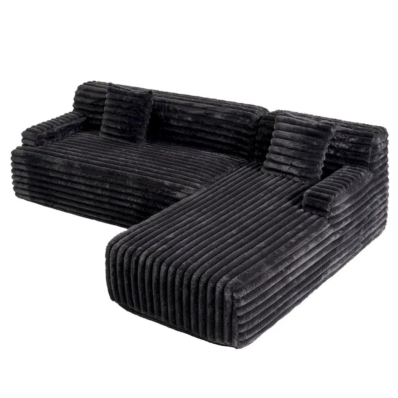 Divano componibile a L con penisola, 3 posti, modello "Faux Fur Cloud 110", con due cuscini decorativi inclusi