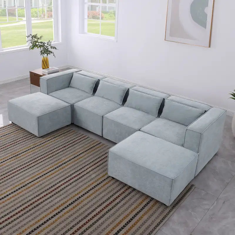 Divano componibile a U a 6 posti rivestito in ciniglia con 2 pouf rimovibili e design a libera combinazione