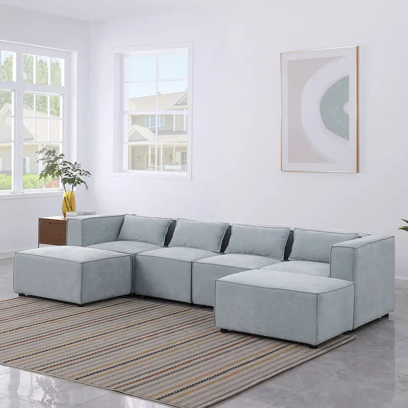 Divano componibile a U a 6 posti rivestito in ciniglia con 2 pouf rimovibili e design a libera combinazione