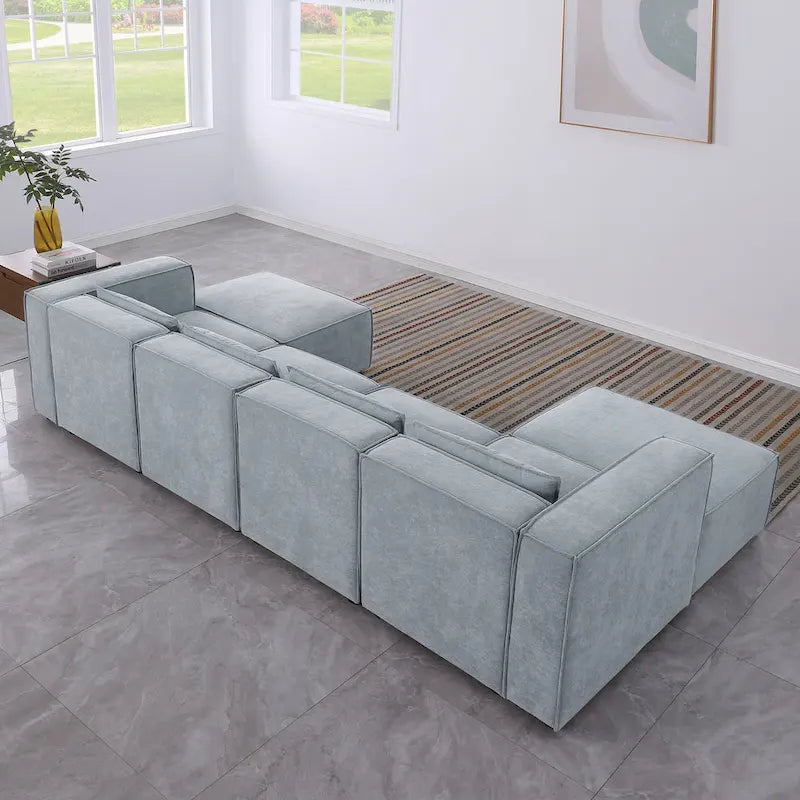 Divano componibile a U a 6 posti rivestito in ciniglia con 2 pouf rimovibili e design a libera combinazione