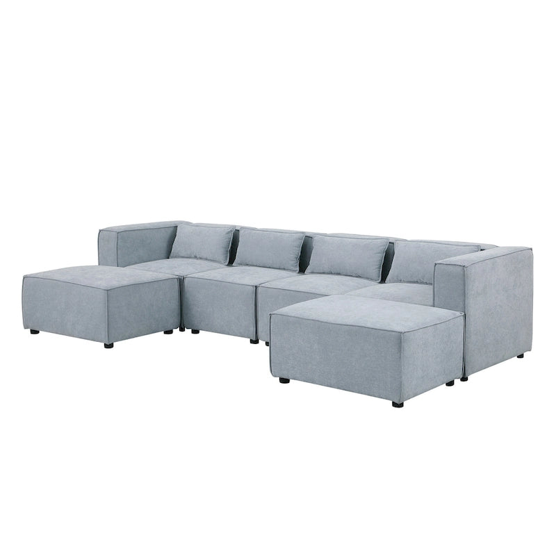 Divano componibile a U a 6 posti rivestito in ciniglia con 2 pouf rimovibili e design a libera combinazione
