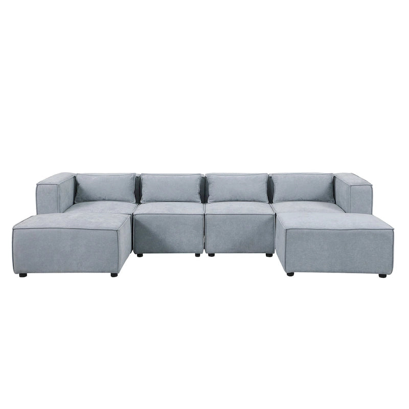 Divano componibile a U a 6 posti rivestito in ciniglia con 2 pouf rimovibili e design a libera combinazione