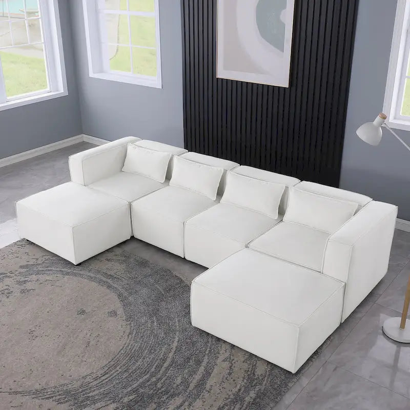 Divano componibile a U a 6 posti rivestito in ciniglia con 2 pouf rimovibili e design a libera combinazione
