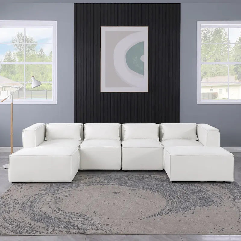 Divano componibile a U a 6 posti rivestito in ciniglia con 2 pouf rimovibili e design a libera combinazione