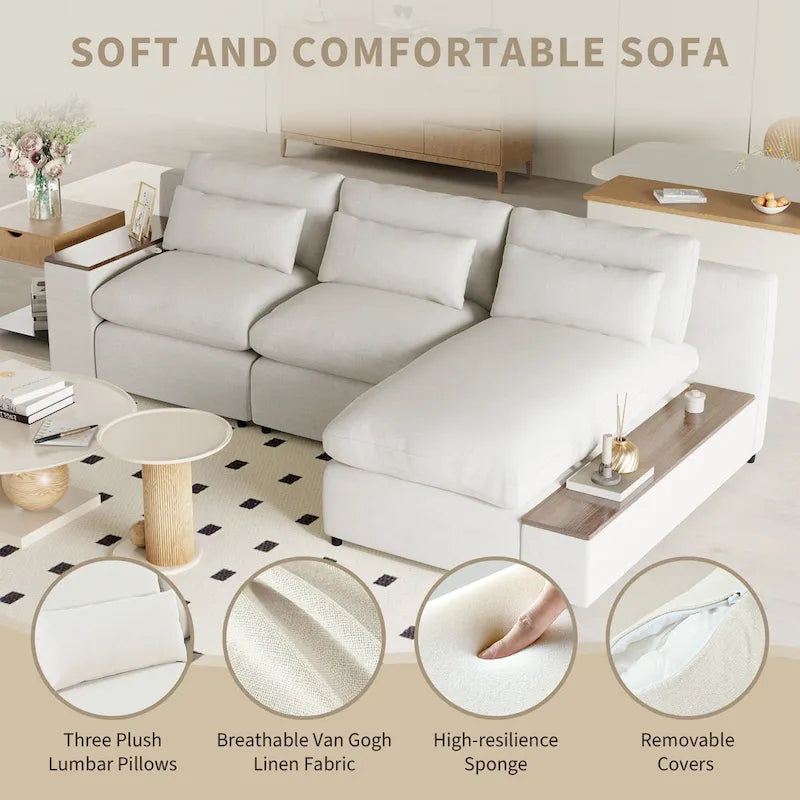 Divano a L a 3 posti beige da 109,8 L con contenitori