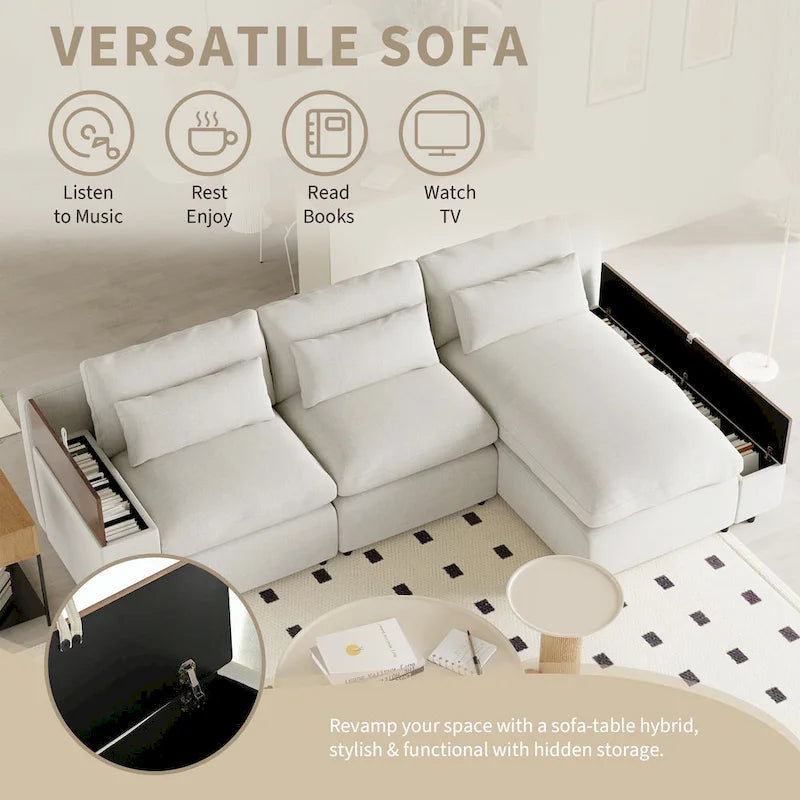 Divano a L a 3 posti beige da 109,8 L con contenitori