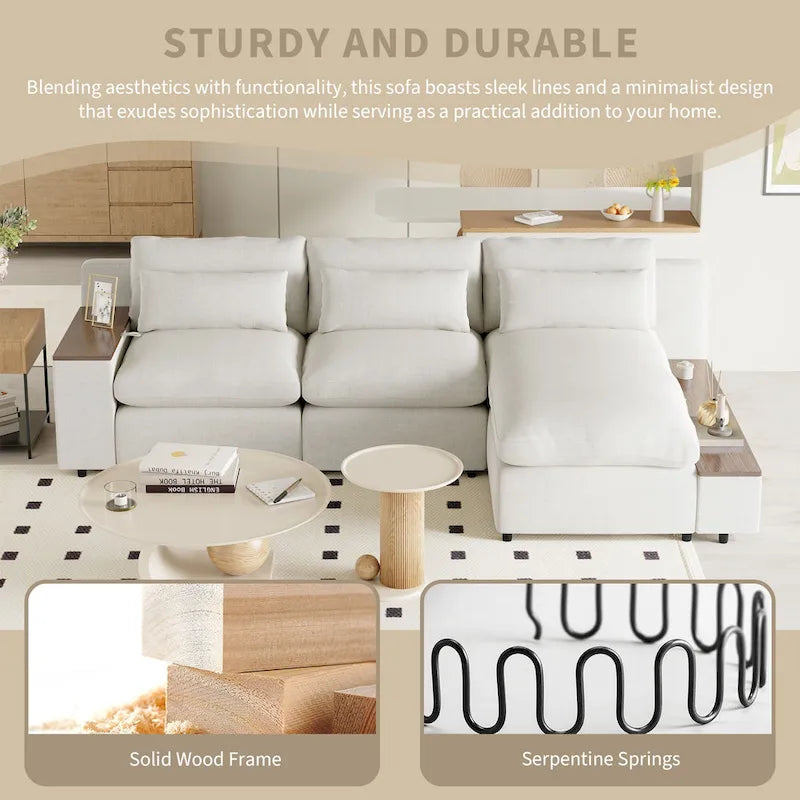 Divano a L a 3 posti beige da 109,8 L con contenitori