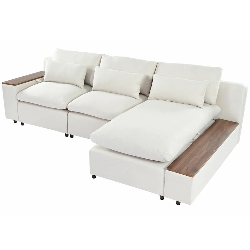 Divano a L a 3 posti beige da 109,8 L con contenitori