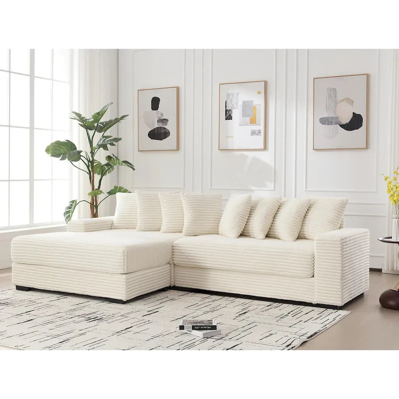 Divano componibile a L in velluto a coste beige 111 con chaise longue sinistra di grandi dimensioni