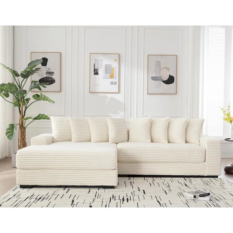 Divano componibile a L in velluto a coste beige 111 con chaise longue sinistra di grandi dimensioni
