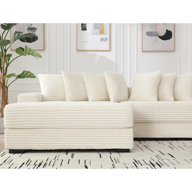 Divano componibile a L in velluto a coste beige 111 con chaise longue sinistra di grandi dimensioni