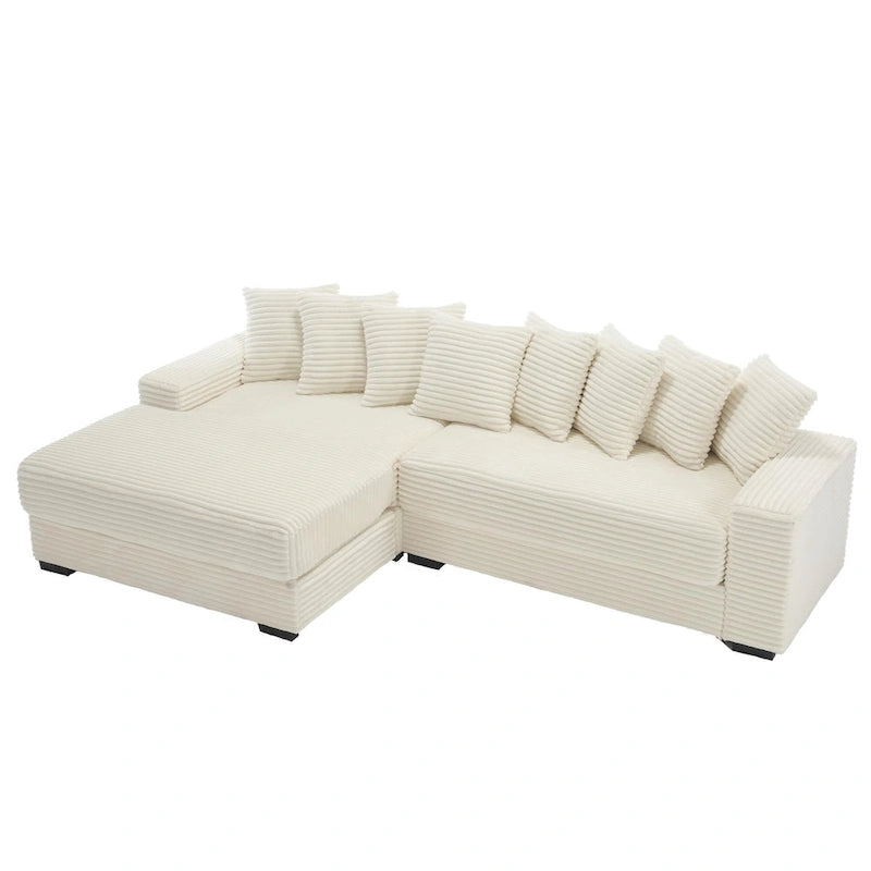 Divano componibile a L in velluto a coste beige 111 con chaise longue sinistra di grandi dimensioni