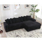 Canapé d'angle en velours côtelé noir 111 avec grande méridienne à droite et 8 coussins décoratifs