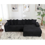 Canapé d'angle en velours côtelé noir 111 avec grande méridienne à droite et 8 coussins décoratifs