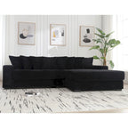 Canapé d'angle en velours côtelé noir 111 avec grande méridienne à droite et 8 coussins décoratifs