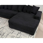 Canapé d'angle en velours côtelé noir 111 avec grande méridienne à droite et 8 coussins décoratifs
