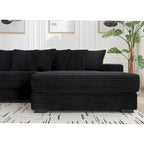 Canapé d'angle en velours côtelé noir 111 avec grande méridienne à droite et 8 coussins décoratifs