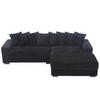 Canapé d'angle en velours côtelé noir 111 avec grande méridienne à droite et 8 coussins décoratifs