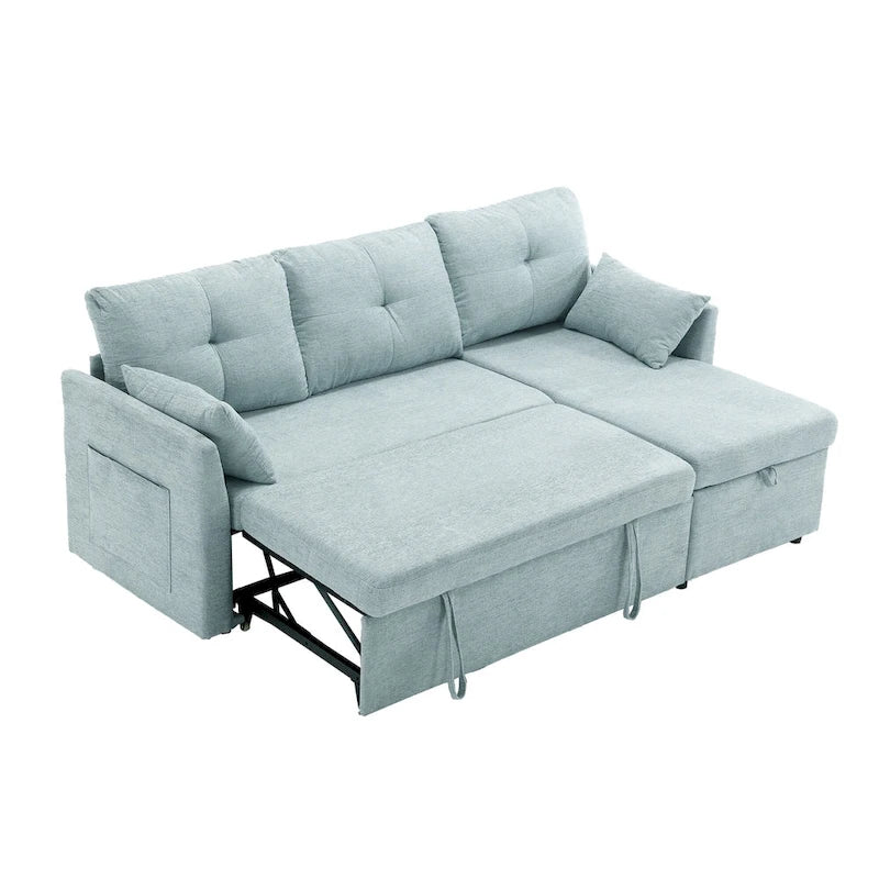 Divano sezionale a L a 3 posti verde 81.1 con chaise longue reversibile, sedili contenitore, telaio in legno massello resistente