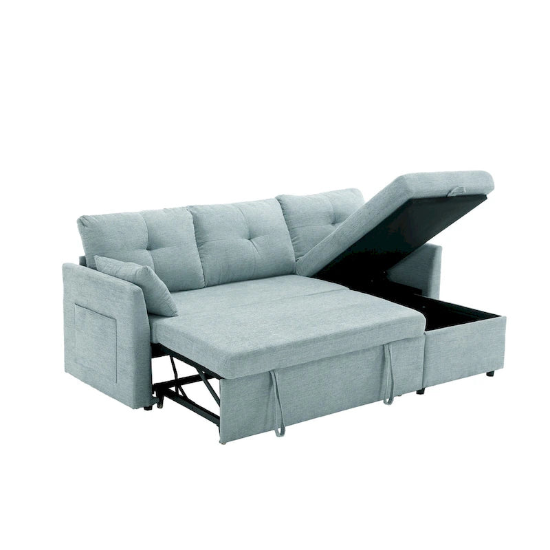Divano sezionale a L a 3 posti verde 81.1 con chaise longue reversibile, sedili contenitore, telaio in legno massello resistente