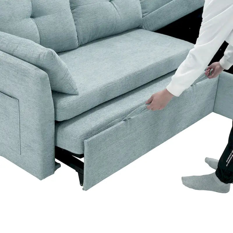 Divano sezionale a L a 3 posti verde 81.1 con chaise longue reversibile, sedili contenitore, telaio in legno massello resistente