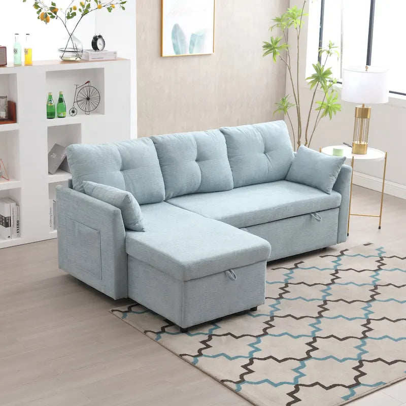 Divano sezionale a L a 3 posti verde 81.1 con chaise longue reversibile, sedili contenitore, telaio in legno massello resistente