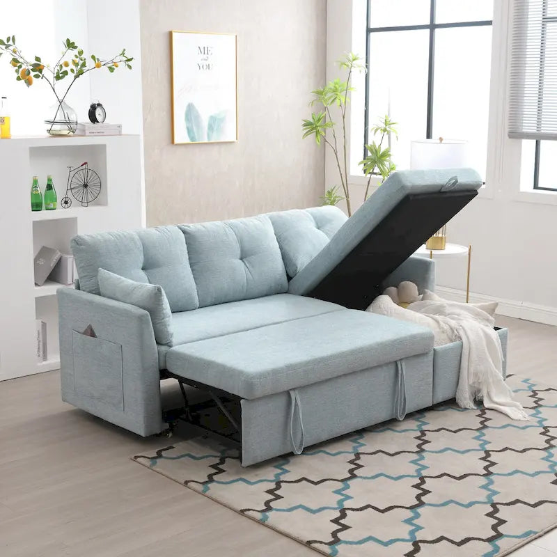Divano sezionale a L a 3 posti verde 81.1 con chaise longue reversibile, sedili contenitore, telaio in legno massello resistente