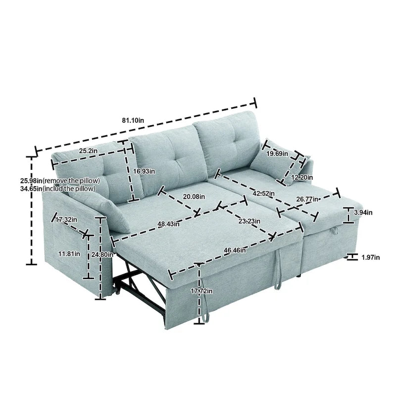 Divano sezionale a L a 3 posti verde 81.1 con chaise longue reversibile, sedili contenitore, telaio in legno massello resistente