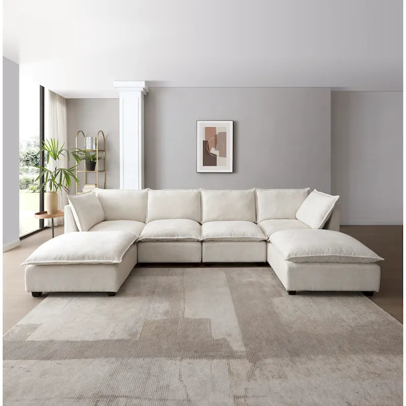 Divano componibile modulare a 6 posti a forma di U personalizzabile beige 130 con pouf convertibile e opzioni di montaggio versatili
